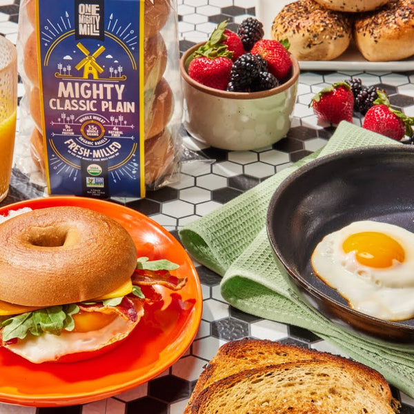 Save on One Mighty Mill Fresh-Milled Mighty Bagels Whole Wheat Plain - 4 ct  Frozen Order Online Delivery